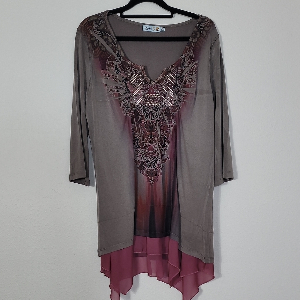 Y2K Unity Flowy Tunic Top Size M Brown Red Fairy Whimsigoth Artsy Boho Embellish